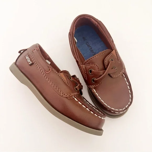 Carter's Toddler Boy Slip-On Faux Leather Baux Boat Shoes Brown 8 - Picture 2 of 9